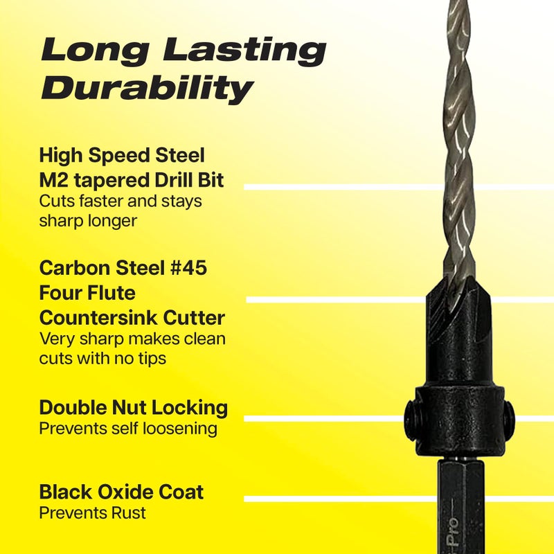 JNB Pro Wood Countersink Drill Bit Set 5pc #6 (9/64"") 4 Flute M2 HSS Drill Bits1/4 Hex Quick Change  Stop Collar Set Brocas para Madera Counter Sink Drill Bit for Wood Working with 2 Free Tapered Bits - Image 5